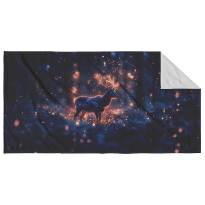 Deer With Glowing Antlers Standing in Bioluminescent Forest Surrounded by Shimmering Plants Magical Wildlife Beach Towel - Awakening Righteousness