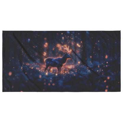 Deer With Glowing Antlers Standing in Bioluminescent Forest Surrounded by Shimmering Plants Magical Wildlife Beach Towel - Awakening Righteousness