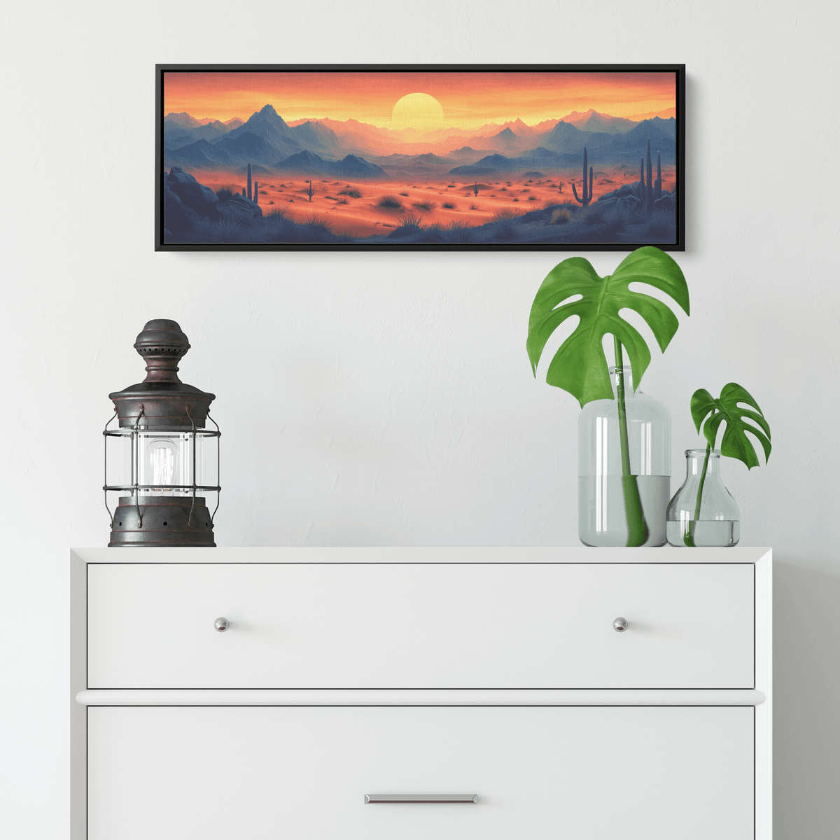 Desert Scene Minimalist Mountains Scattered Cacti Muted Sand Taupe Tones Ultra High Definition Panoramic Framed Canvas Wall Art - Awakening Righteousness