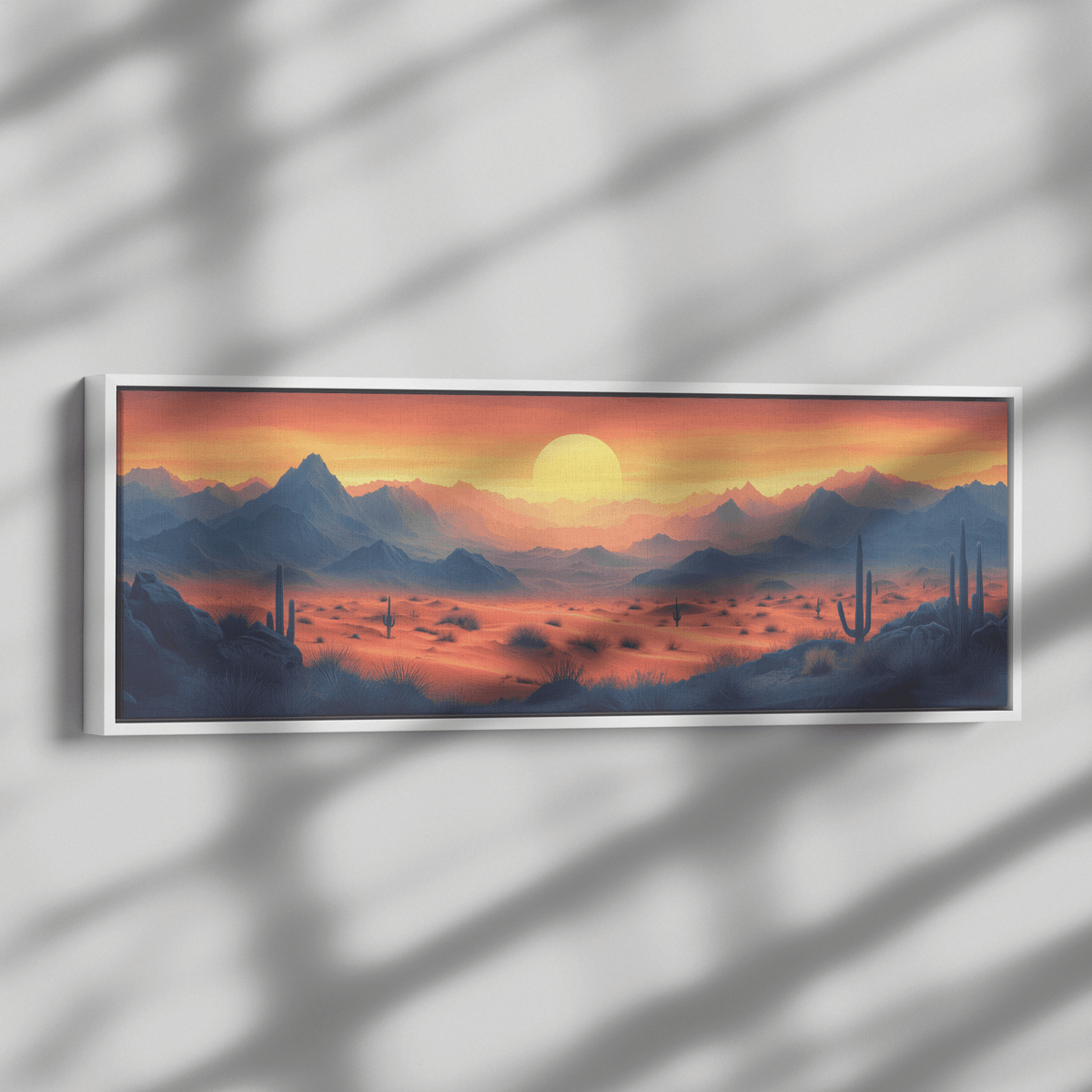 Desert Scene Minimalist Mountains Scattered Cacti Muted Sand Taupe Tones Ultra High Definition Panoramic Framed Canvas Wall Art - Awakening Righteousness