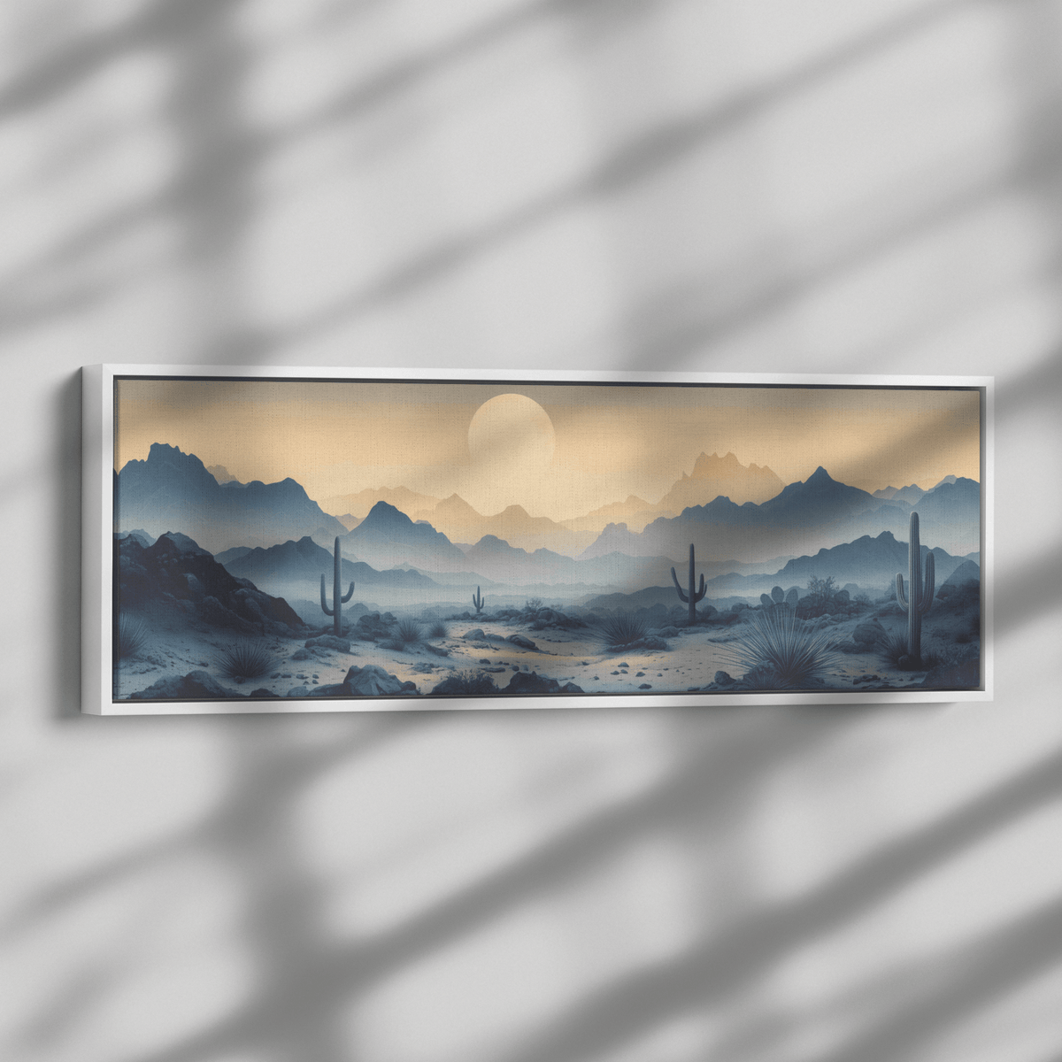 Desert Scene Scattered Saguaros Layered Minimalist Mountains Soft Taupe Gray Tones Panoramic Framed Canvas Wall Art - Awakening Righteousness