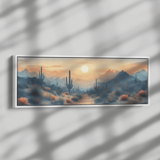 Desert Scene Scattered Saguaros Layered Minimalist Mountains Soft Taupe Gray Tones Panoramic Framed Canvas Wall Art - Awakening Righteousness