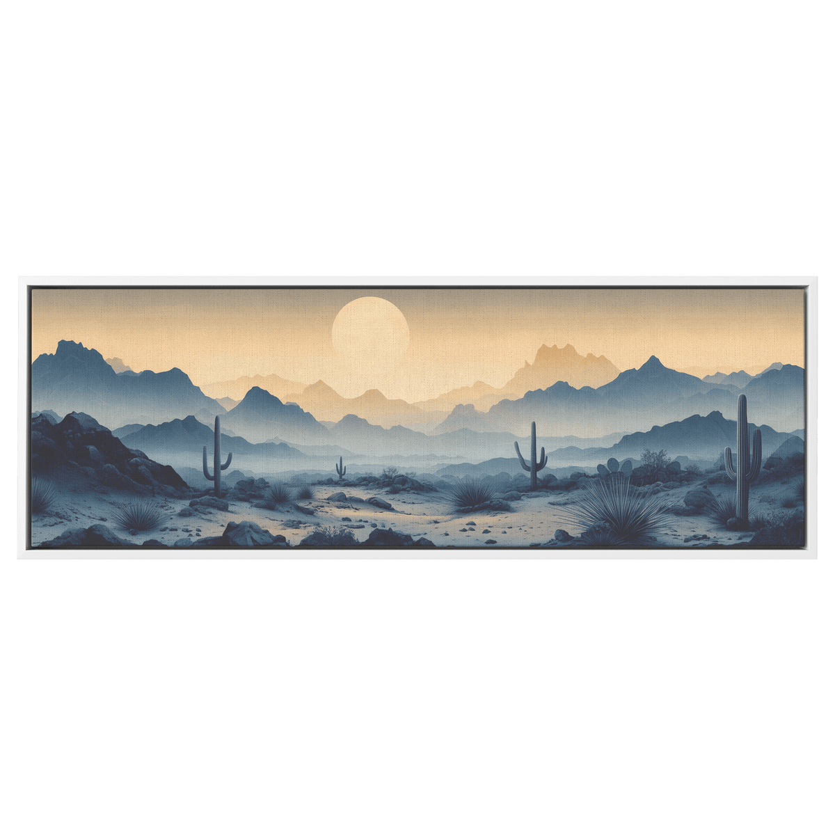 Desert Scene Scattered Saguaros Layered Minimalist Mountains Soft Taupe Gray Tones Panoramic Framed Canvas Wall Art - Awakening Righteousness