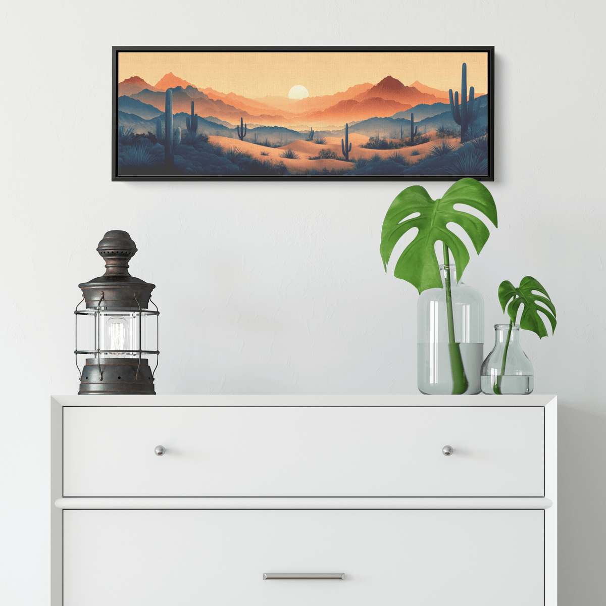 Desert Scene Serene Landscape Abstract Cacti Silhouettes Pale Beige Mountains Ultra High Definition Panoramic Framed Canvas Wall Art - Awakening Righteousness