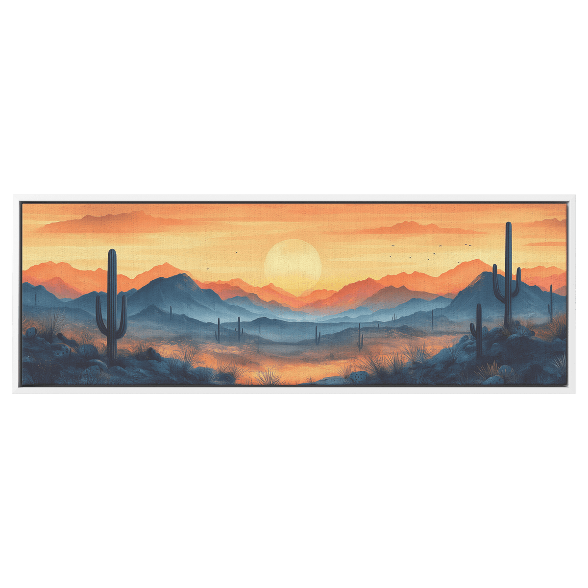 Desert Scene Serene Landscape Abstract Cacti Silhouettes Pale Beige Mountains Ultra High Definition Panoramic Framed Canvas Wall Art - Awakening Righteousness