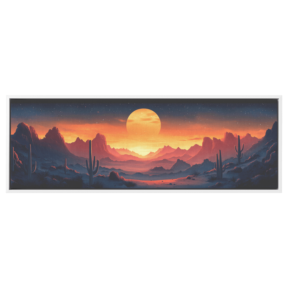 Desert Scene Serene Landscape Abstract Cacti Silhouettes Pale Beige Mountains Ultra High Definition Panoramic Framed Canvas Wall Art - Awakening Righteousness