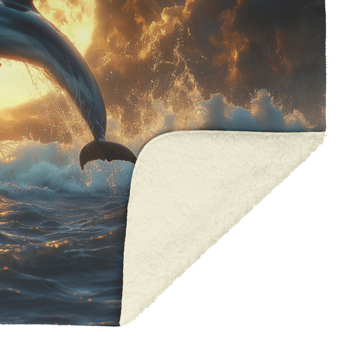 Dolphin Jumping Through Glowing Waves Massive Full Moon Background Fleece Sherpa Blanket - Awakening Righteousness