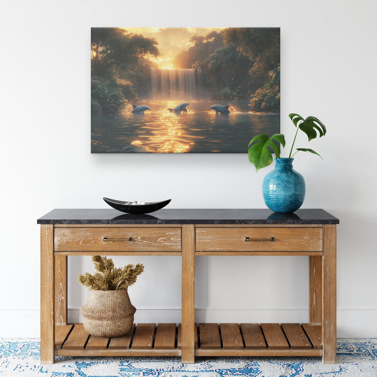 Dolphin Jumping Through Glowing Waves with Massive Full Moon in the Background Canvas Wall Art Decor - Awakening Righteousness