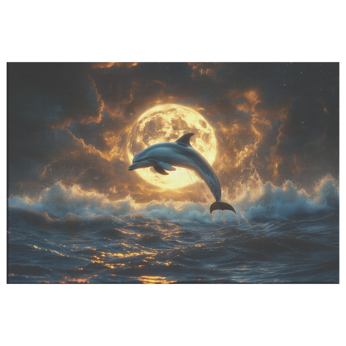 Dolphin Jumping Through Glowing Waves with Massive Full Moon in the Background Canvas Wall Art Decor - Awakening Righteousness