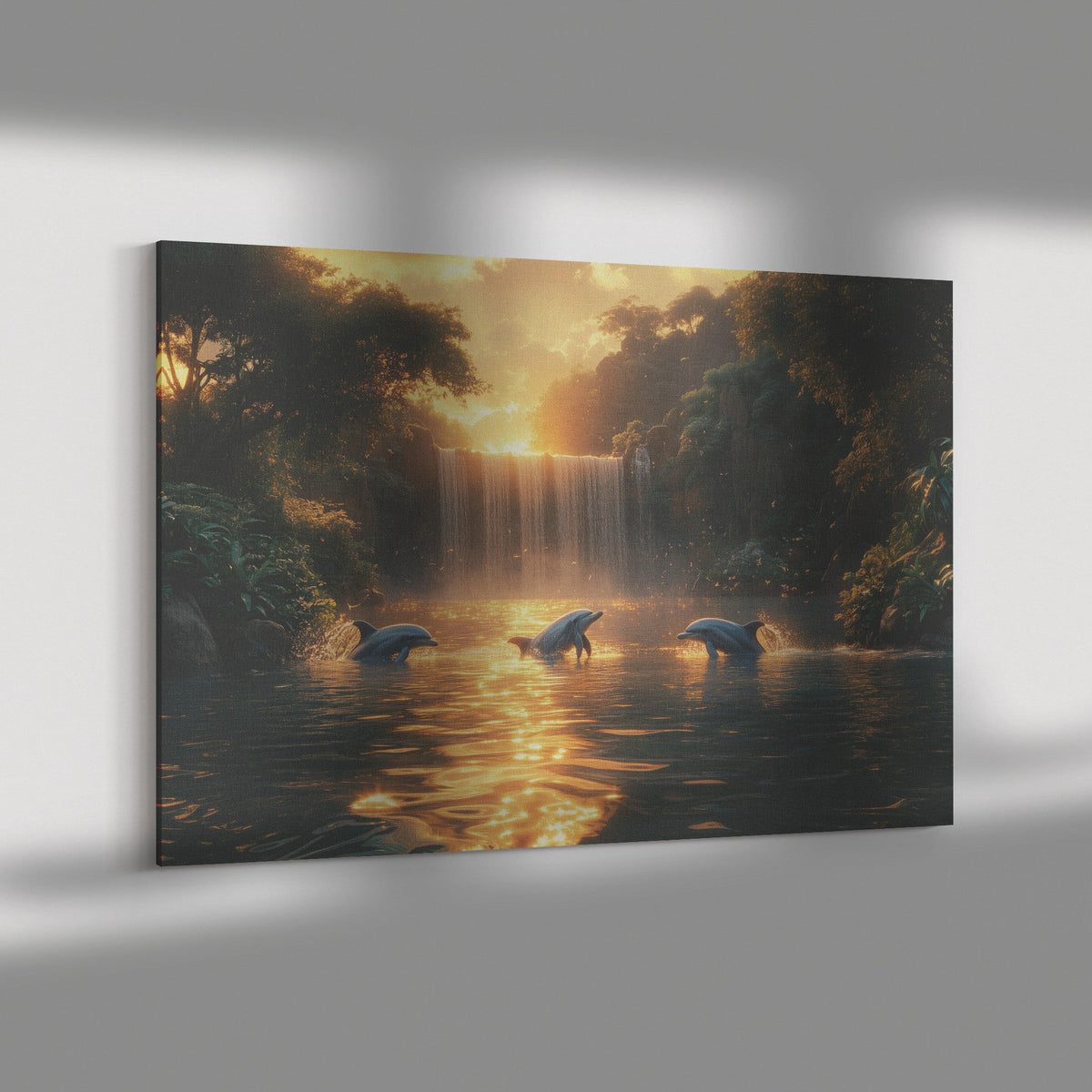 Dolphin Jumping Through Glowing Waves with Massive Full Moon in the Background Canvas Wall Art Decor - Awakening Righteousness