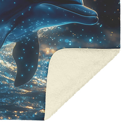 Dolphin Swimming Gracefully in Bioluminescent Ocean Glowing Blue Green Light Trails Magical Ethereal Fleece Sherpa Blanket - Awakening Righteousness