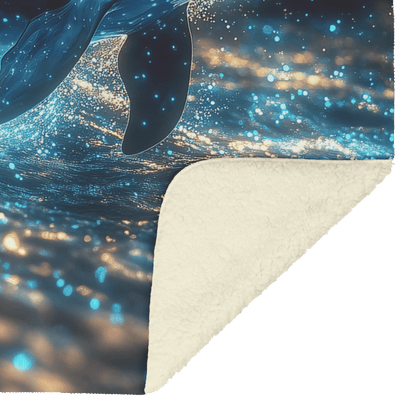 Dolphin Swimming Gracefully Through Bioluminescent Ocean Surrounded by Glowing Blue and Green Light Trails Fleece Sherpa Blanket - Awakening Righteousness