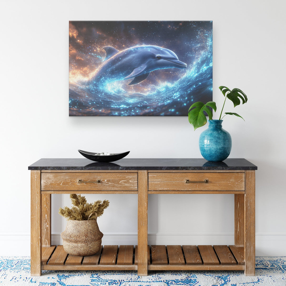 Dolphin Swimming Gracefully Through Bioluminescent Ocean with Glowing Blue and Green Light Trails Magical Canvas Art - Awakening Righteousness