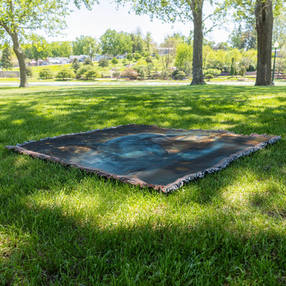 Dolphin Swimming Gracefully Through Bioluminescent Ocean with Glowing Blue and Green Light Trails Woven Throw Blanket - Awakening Righteousness