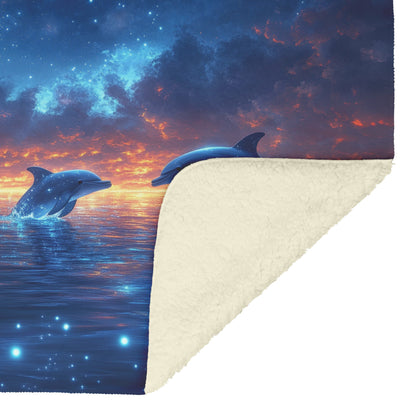 Dolphins Glowing Softly Swimming Through Bioluminescent Waters Star-Filled Sky Peaceful Surreal Fleece Sherpa Blanket - Awakening Righteousness