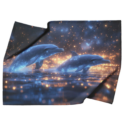 Dolphins Glowing Softly Swimming Through Bioluminescent Waters Star Filled Sky Peaceful Surreal Fleece Sherpa Blanket - Awakening Righteousness