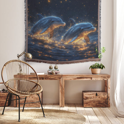 Dolphins Glowing Softly While Swimming Through Bioluminescent Waters Under Star Filled Sky Woven Throw Blanket - Awakening Righteousness