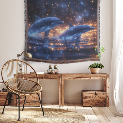 Dolphins Glowing Softly While Swimming Through Bioluminescent Waters Under Star Filled Sky Woven Throw Blanket - Awakening Righteousness