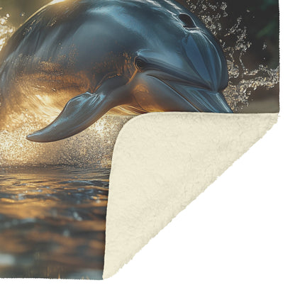 Dolphins Leaping in Jungle River with Lush Vegetation Cozy Fleece Sherpa Blanket - Awakening Righteousness