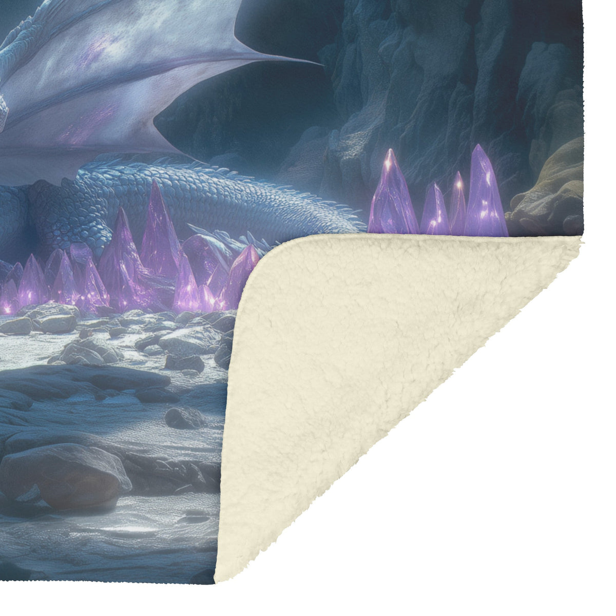 Dragon Guarding Glowing Treasure in Ancient Cavern with Crystal Shards Emitting Ethereal Light Fleece Sherpa Blanket - Awakening Righteousness