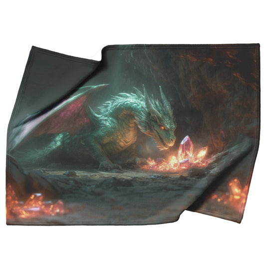 Dragon Guarding Glowing Treasure in Ancient Cavern with Crystal Shards Emitting Ethereal Light Fleece Sherpa Blanket - Awakening Righteousness