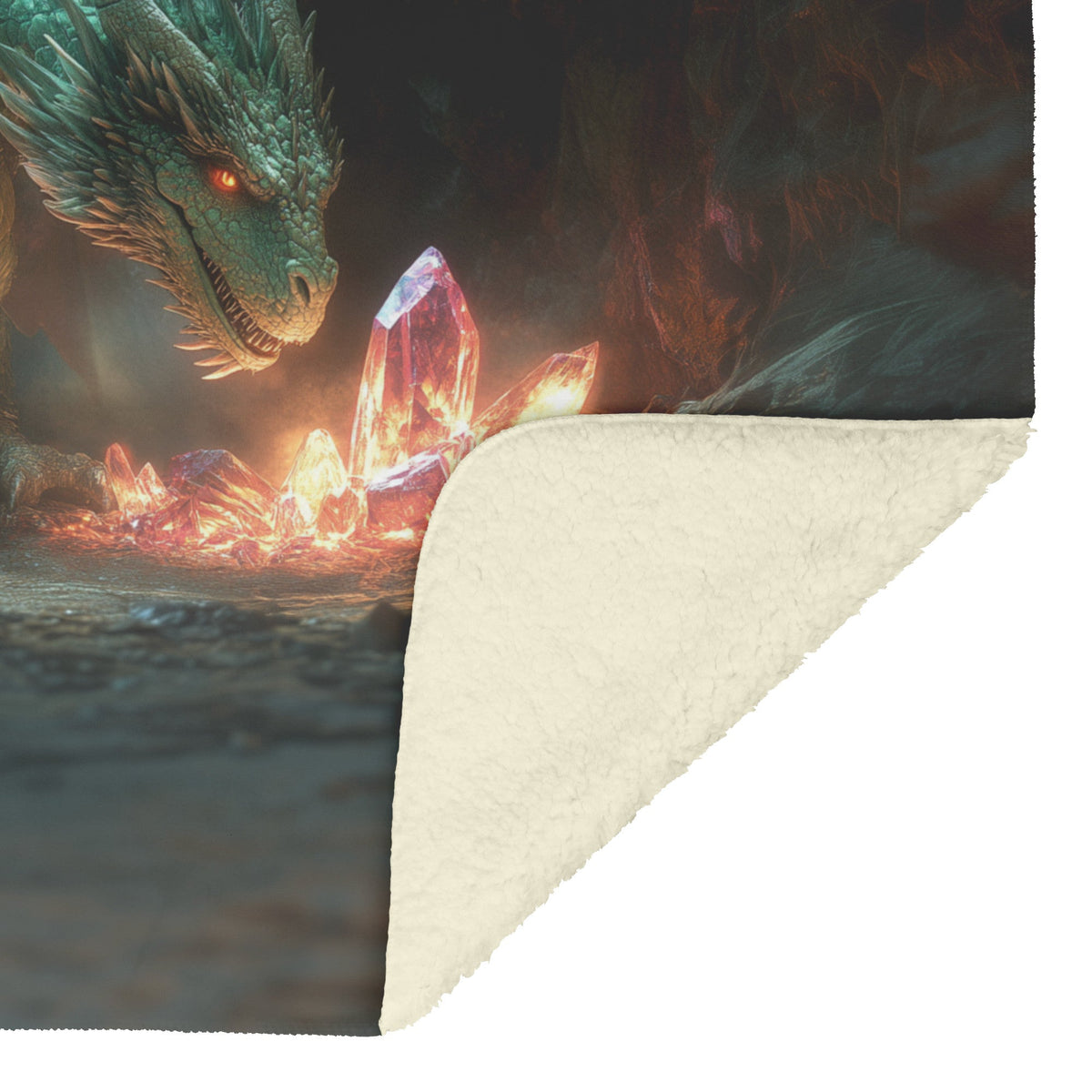 Dragon Guarding Glowing Treasure in Ancient Cavern with Crystal Shards Emitting Ethereal Light Fleece Sherpa Blanket - Awakening Righteousness