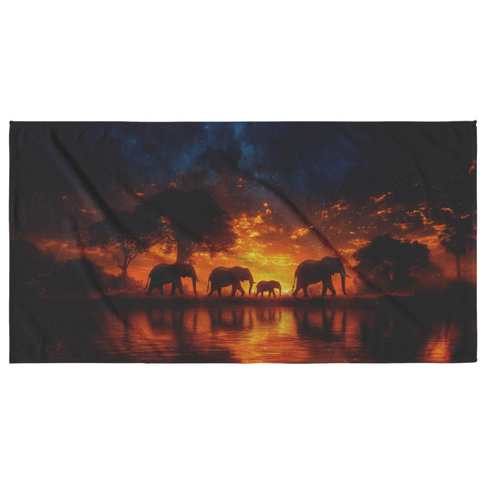 Elephant Family Walking Together Under a Glowing Twilight Sky Filled with Stars Stunning Beach Towel - Awakening Righteousness