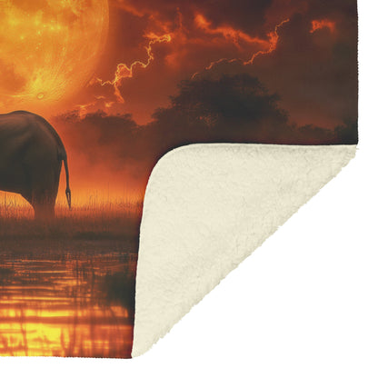 Elephant Silhouetted Against Glowing Full Moon Golden Savanna Ethereal Mist Serene Atmosphere Fleece Sherpa Blanket - Awakening Righteousness