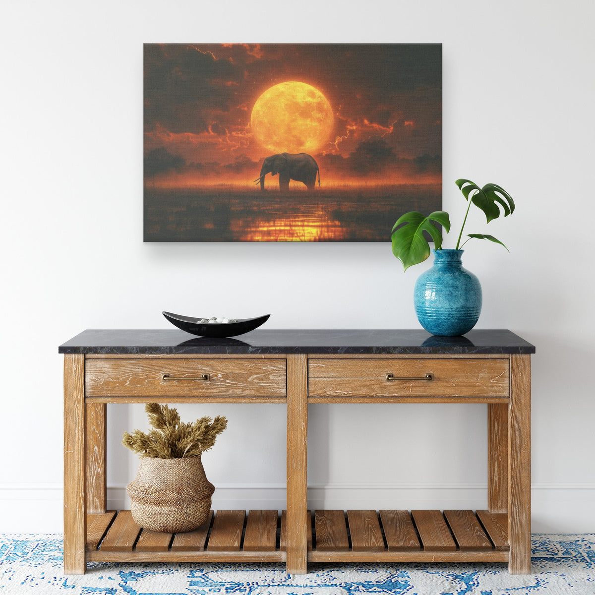 Elephant Silhouetted Against Massive Glowing Full Moon in Golden Savanna with Ethereal Mist Canvas Wall Art Decor - Awakening Righteousness