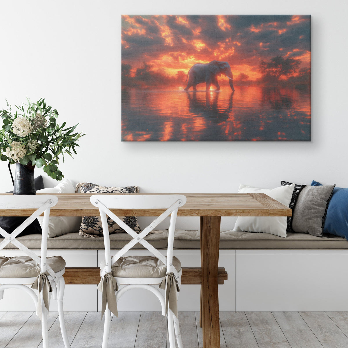 Elephant Walking Peacefully Across Glowing River Under Twilight Sky with Vibrant Reflections Canvas Wall Art - Awakening Righteousness