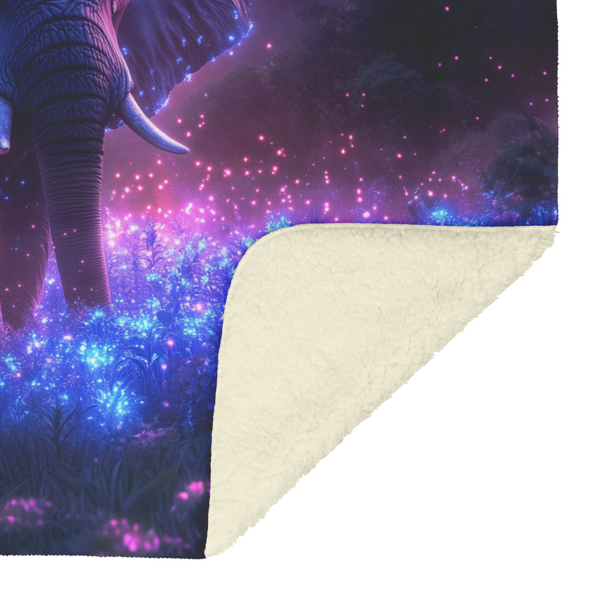 Elephant Walking Through Bioluminescent Forest Glowing Blue Plants Ethereal Light Twilight Sky Fleece Sherpa Blanket - Awakening Righteousness