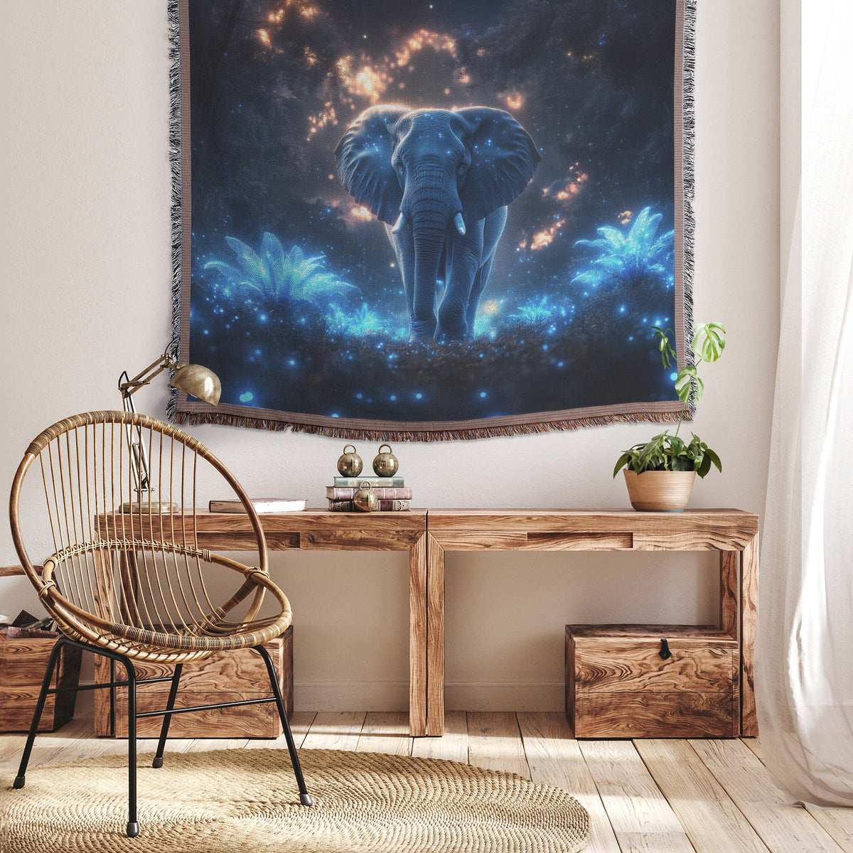 Elephant Walking Through Bioluminescent Forest Surrounded by Glowing Blue Plants Under Twilight Sky Woven Throw Blanket - Awakening Righteousness