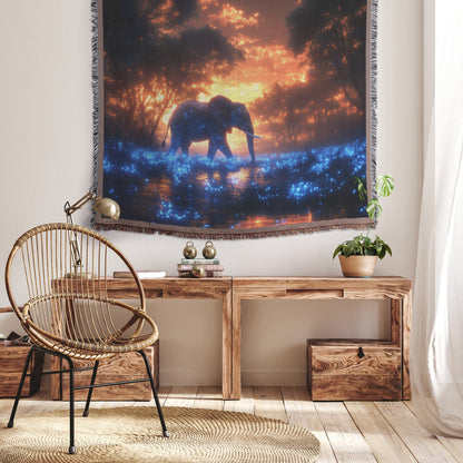 Elephant Walking Through Bioluminescent Forest Surrounded by Glowing Blue Plants Under Twilight Sky Woven Throw Blanket - Awakening Righteousness