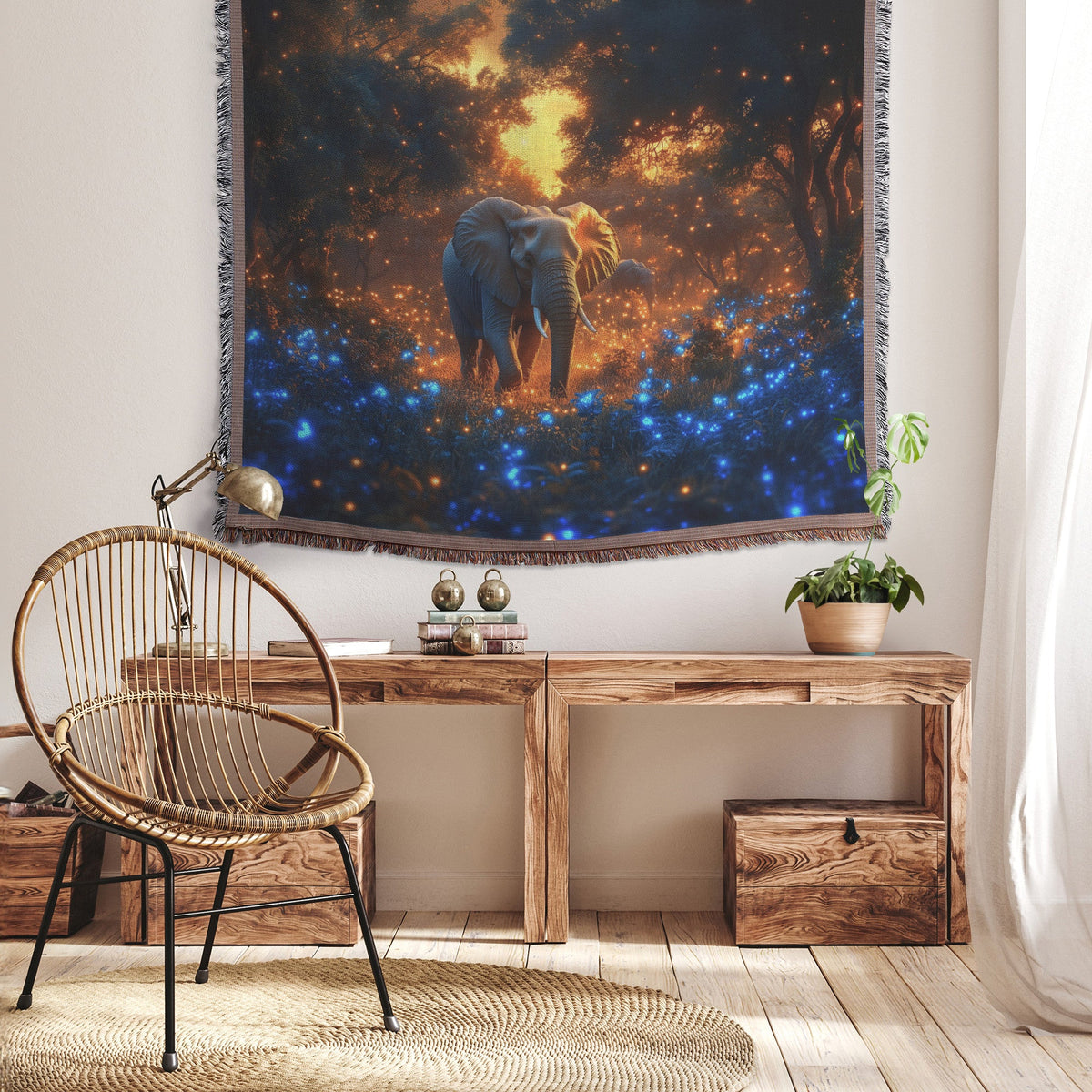 Elephant Walking Through Bioluminescent Forest Surrounded by Glowing Blue Plants Under Twilight Sky Woven Throw Blanket - Awakening Righteousness