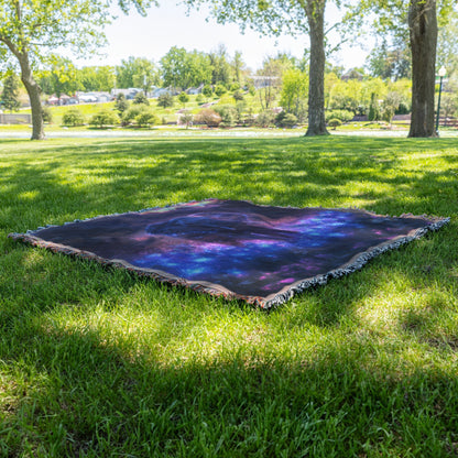 Elephant Walking Through Bioluminescent Forest Surrounded by Glowing Blue Plants Under Twilight Sky Woven Throw Blanket - Awakening Righteousness