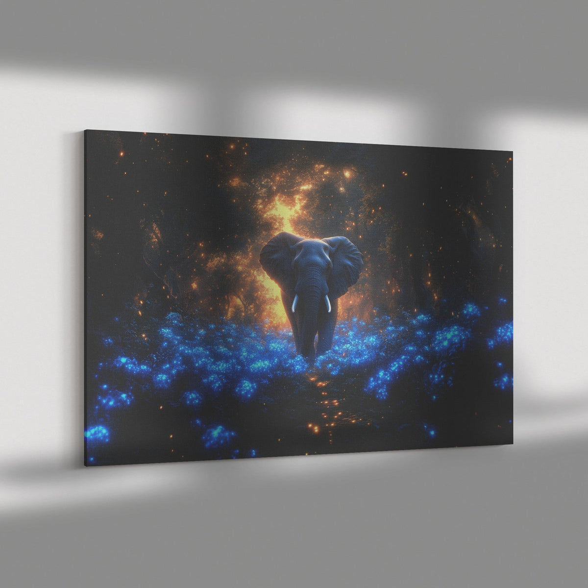 Elephant Walking Through Bioluminescent Forest with Glowing Blue Plants and Ethereal Light Under Twilight Sky Canvas Wall Art Decor - Awakening Righteousness
