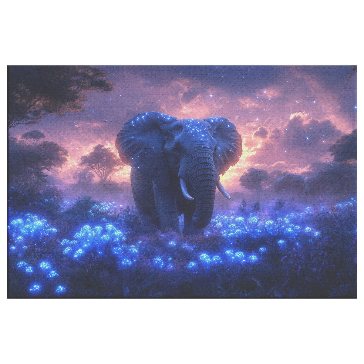 Elephant Walking Through Bioluminescent Forest with Glowing Blue Plants and Ethereal Light Under Twilight Sky Canvas Wall Art - Awakening Righteousness