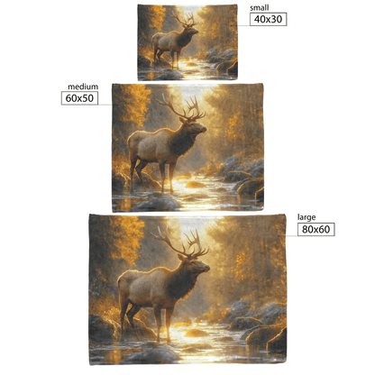 Elk Standing Near Glowing Crystal Clear Forest River Surrounded by Moss Covered Rocks and Mist Under Twilight Fleece Sherpa Blanket - Awakening Righteousness