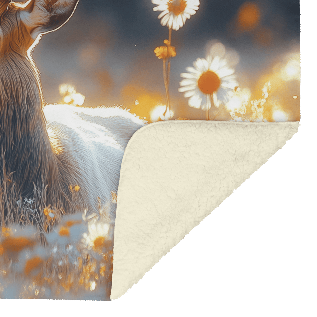 Elk With Massive Antlers Resting in Glowing Golden Meadow Surrounded by Wildflowers Under Twilight Sky Fleece Sherpa Blanket - Awakening Righteousness