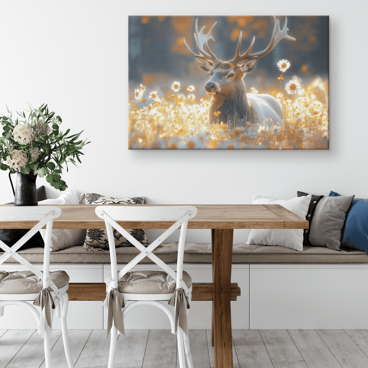 Elk With Massive Antlers Resting In Glowing Golden Meadow With Wildflowers Under Twilight Sky Canvas Wall Art Decor - Awakening Righteousness