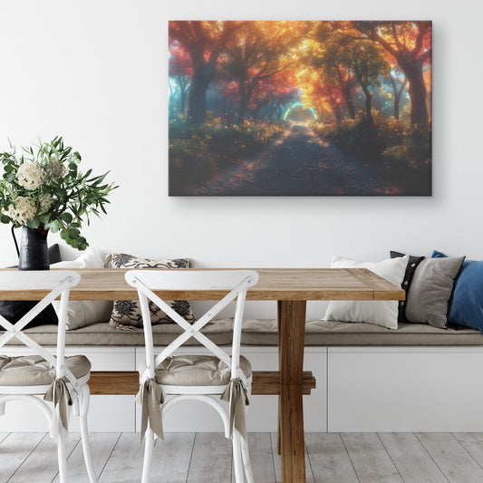Enchanting Rainbow Pathway in Mystical Forest Glowing Trees Sparkling Light Golden Mist Canvas Wall Art - Awakening Righteousness