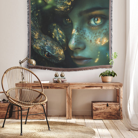 Eve and Serpent in the Garden of Eden with Glowing Eyes Woven Throw Blanket for Home Decor - Awakening Righteousness
