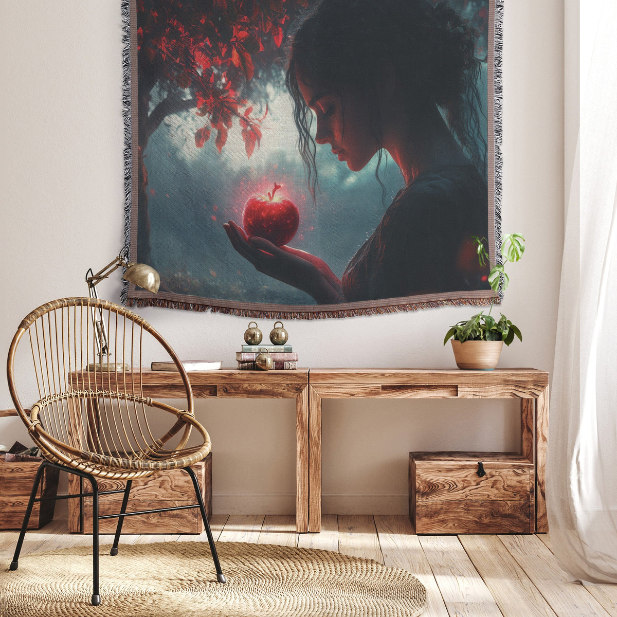 Eve Holding Glowing Apple in Mystical Forest Woven Throw Blanket - Awakening Righteousness