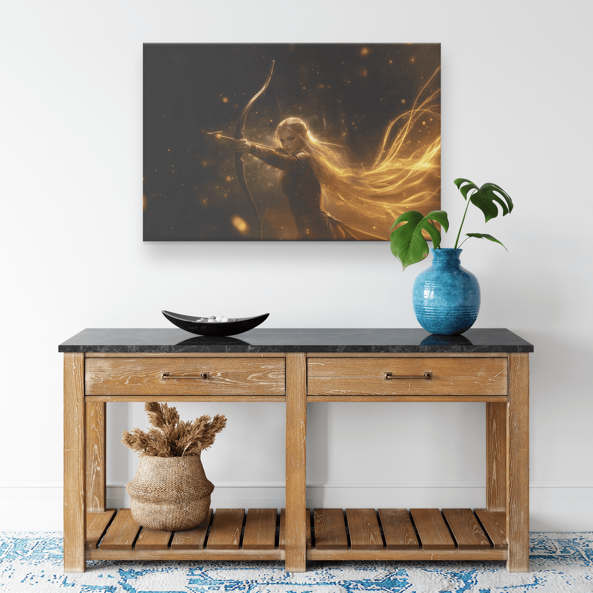 Female Blood Elf Hunter Aiming Radiant Bow Shimmering Textures Glowing Accents Canvas Wall Art - Awakening Righteousness