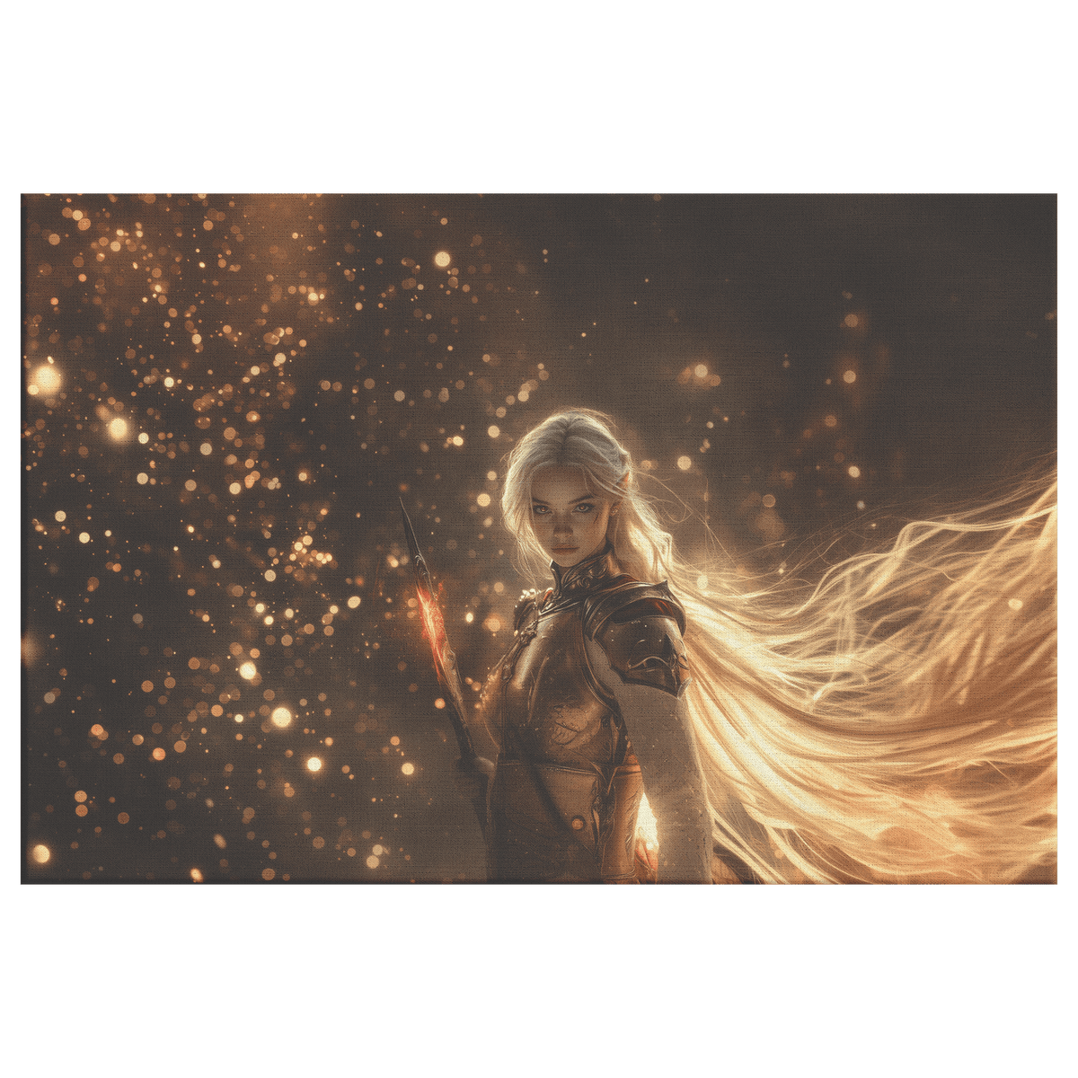 Female Blood Elf Hunter Crimson Leather Armor Glowing Bow Shimmering Golden Textures Cascading Cosmic Highlights Canvas Wall Art - Awakening Righteousness