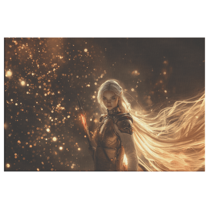 Female Blood Elf Hunter Crimson Leather Armor Glowing Bow Shimmering Golden Textures Cascading Cosmic Highlights Canvas Wall Art - Awakening Righteousness