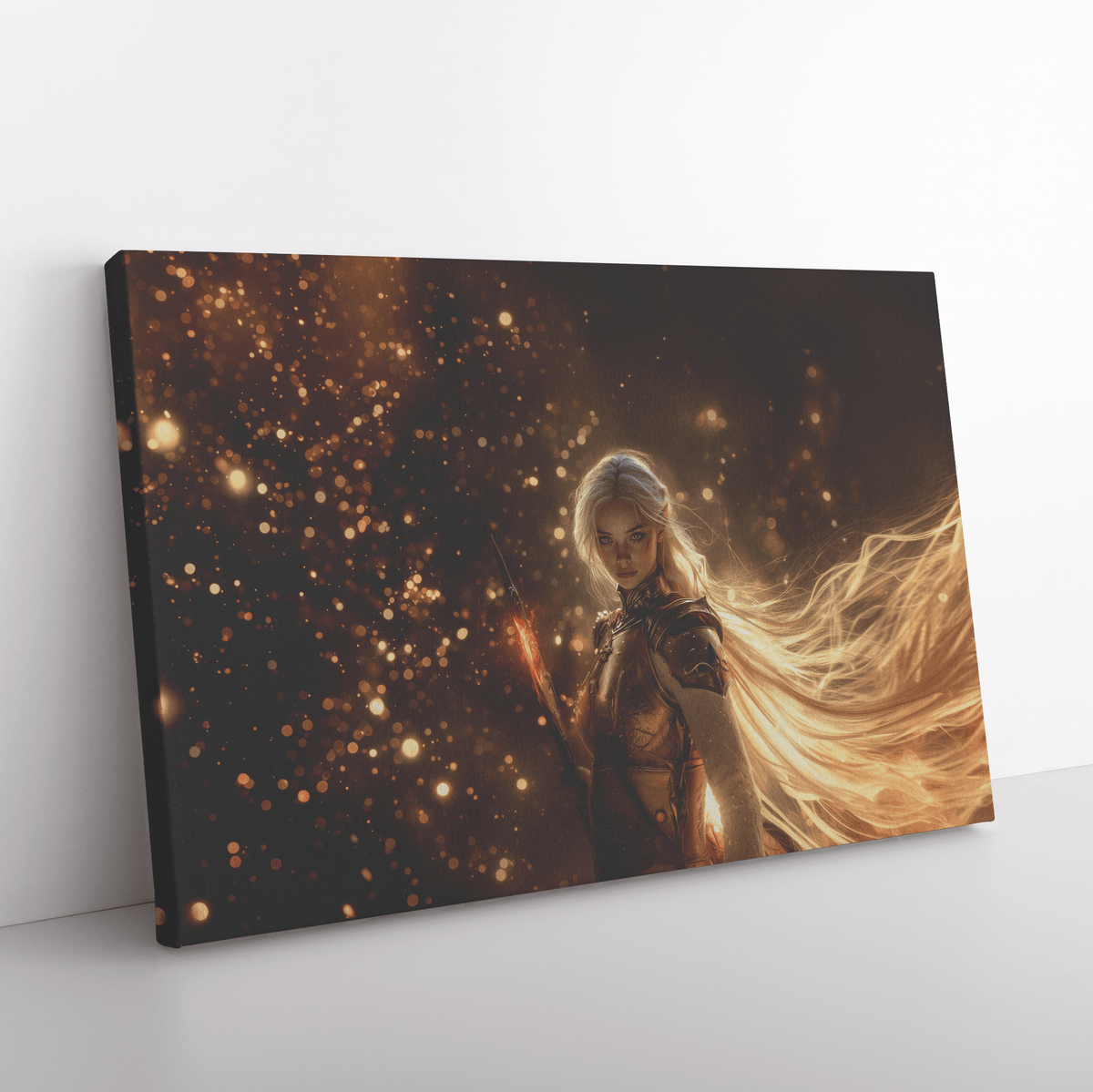 Female Blood Elf Hunter Crimson Leather Armor Glowing Bow Shimmering Golden Textures Cascading Cosmic Highlights Canvas Wall Art - Awakening Righteousness