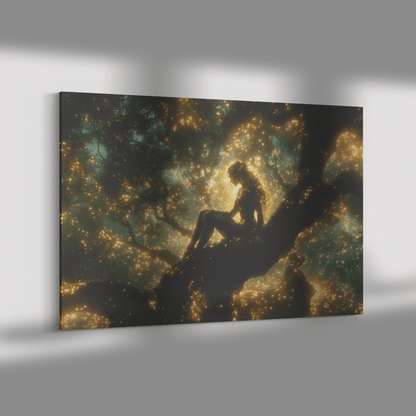 Female Blood Elf Hunter Perched on Treetop Shimmering Green Textures Cascading Golden Highlights Canvas Wall Art - Awakening Righteousness