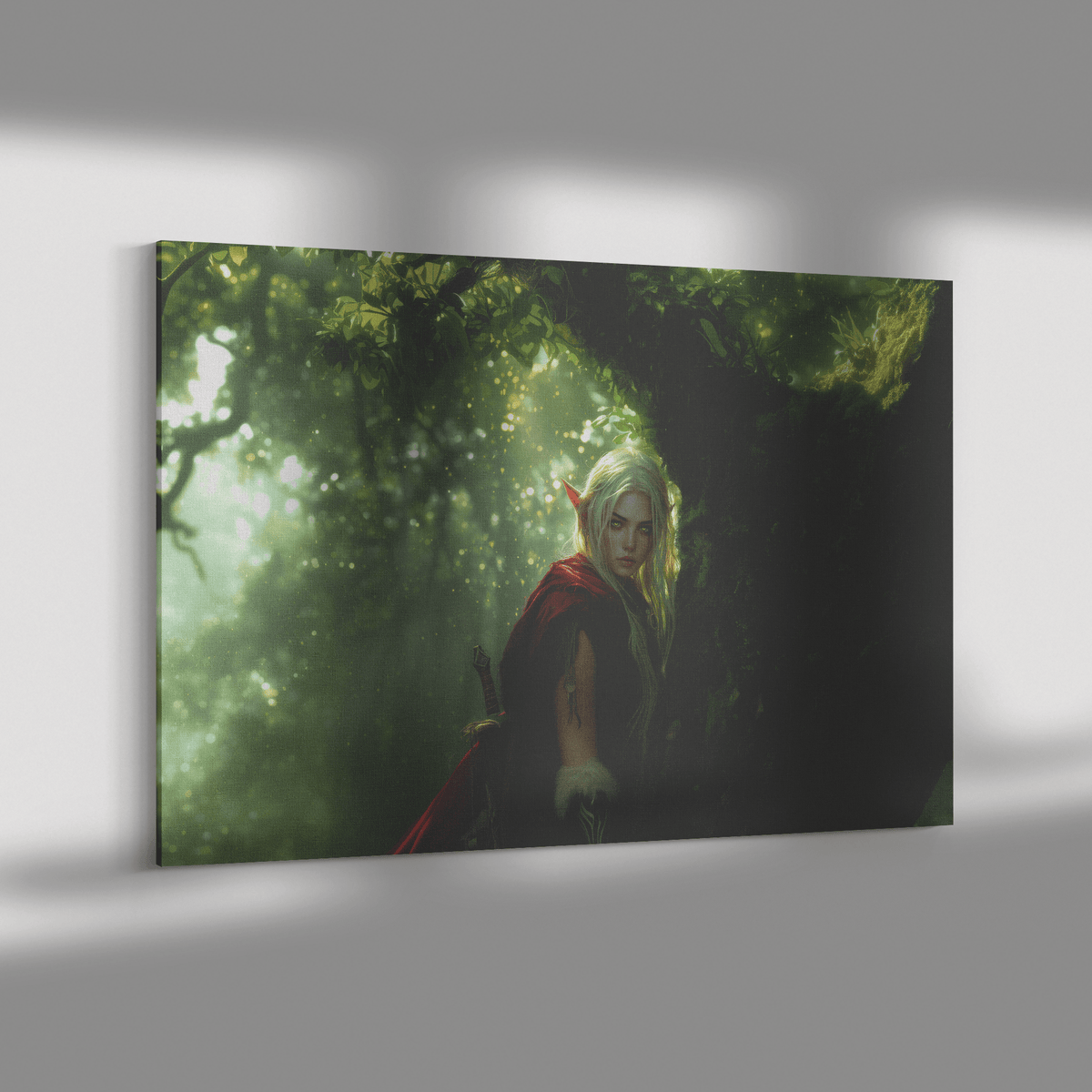 Female Blood Elf Hunter Perched on Treetop Shimmering Green Textures Cascading Golden Highlights Canvas Wall Art - Awakening Righteousness