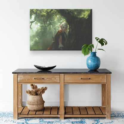 Female Blood Elf Hunter Perched on Treetop Shimmering Green Textures Cascading Golden Highlights Canvas Wall Art - Awakening Righteousness